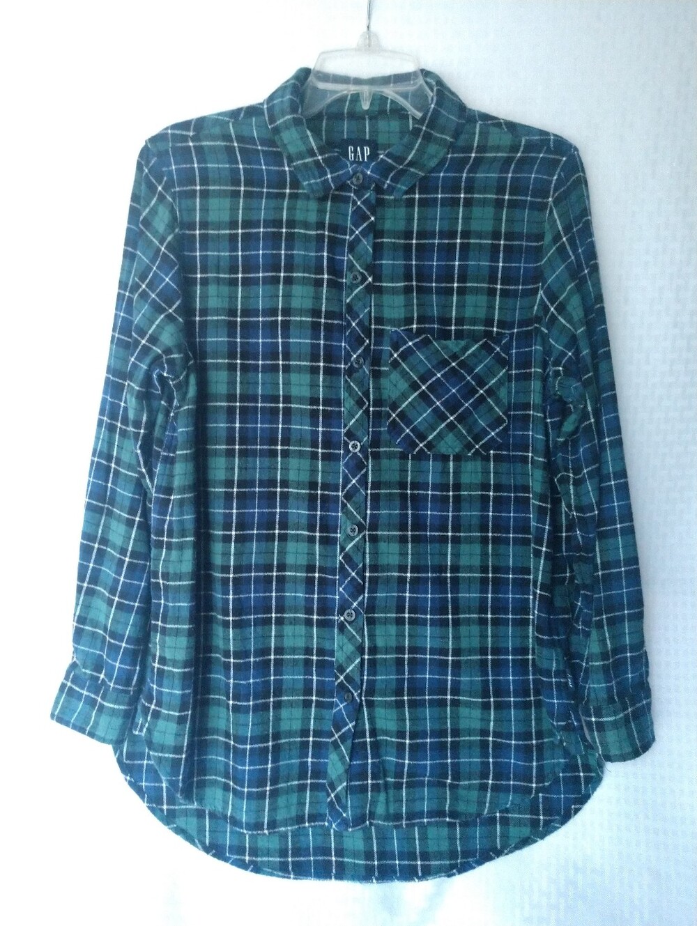 Women's Flannel Shirt GAP Green Blue White Plaid Size Medium Chest 40"